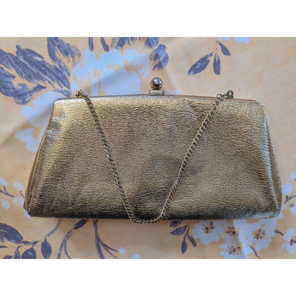 Vintage‎ Gold Metallic Textured Kiss Lock Clutch Bag Chain Strap Evening Handbag